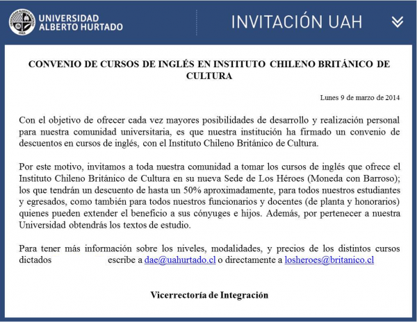 Convenio de cursos de Inglés en Instituto Chileno Británico de Cultura
